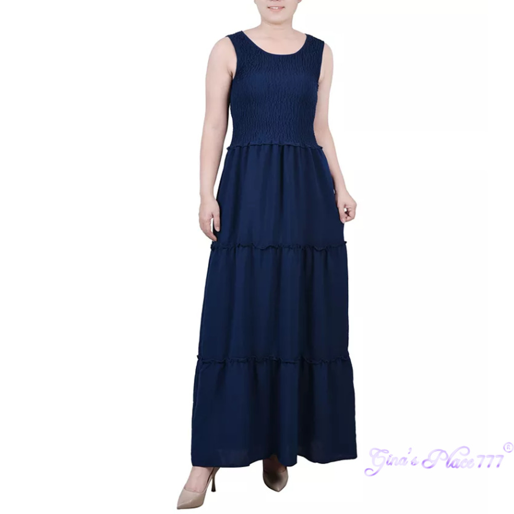 NWTWomens NY COLLECTION Petite Sleeveless Textured Tiered Maxi Dress Navy Sz PXL
